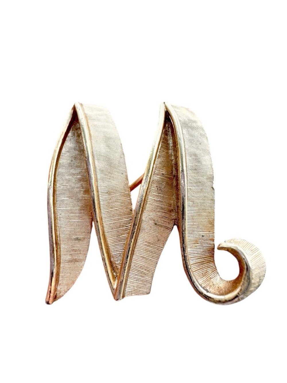 Vintage TRIFARI M or W Initial Pin Brooch 1960s Mid Century Brushed Gold Tone 1"
